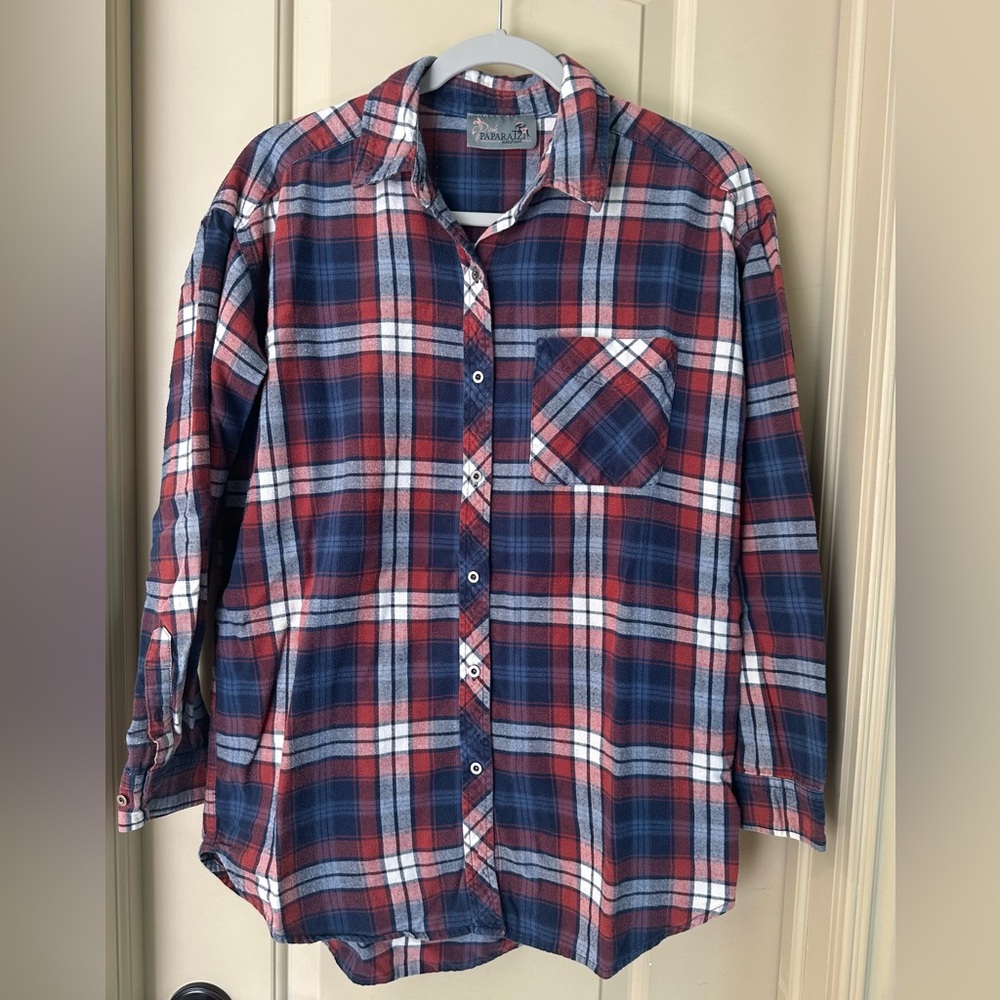 Women’s Pink Paparatzi Couture Button Down Shirt; Red/Blue Plaid; Size M